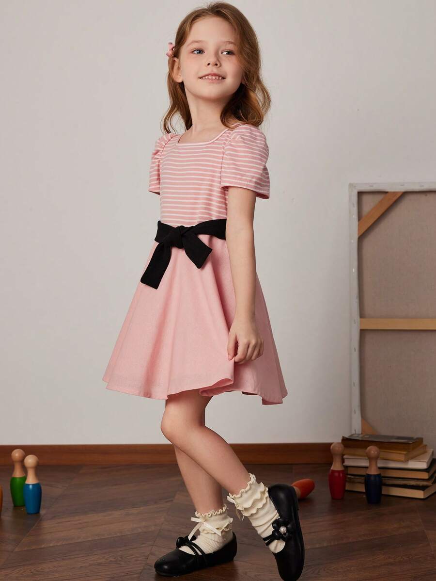PrepCrw Young Girl Pink Striped Crew Neck Short Puff Sleeve A-Line Dress, Spring/Summer - Pink - View 1