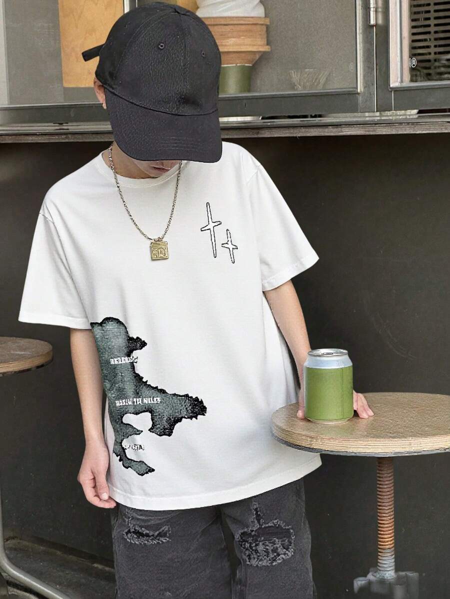 Áo thun tay ngắn in họa tiết phong cách đường phố đơn giản cho bé trai tuổi teen, thích hợp cho mùa hè - trắng - Xem 1