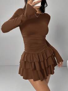 SHEIN EZwear Women's Mid-Length Solid Color Long Sleeve Dress, Minimalist Fashion Suitable For Summer,Country - Coffee Brown - View 5