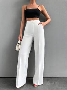 EURMUSE Women's Solid Color Pleated Slant Pocket Straight-Leg Daily Commute Trousers - White - View 6