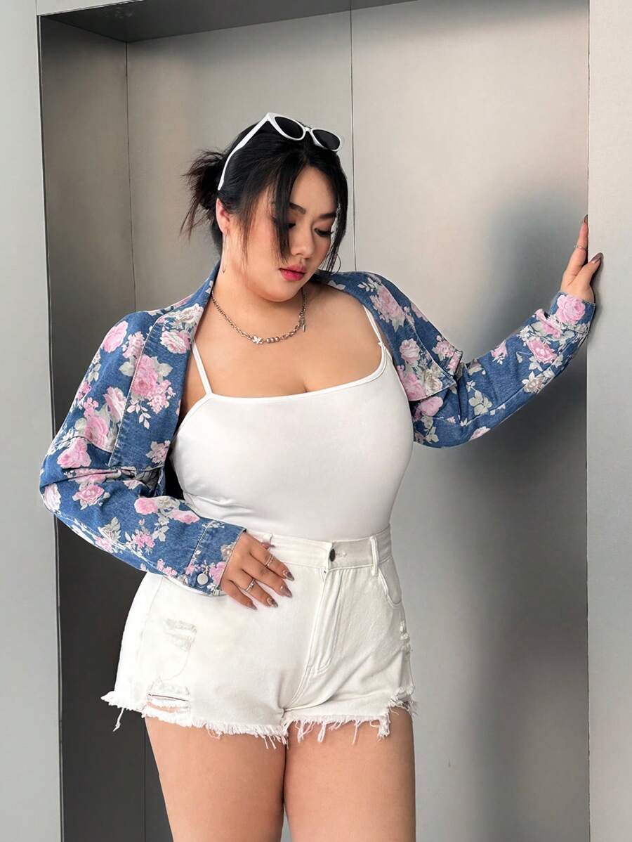 SHEIN EZwear 大码花卉印花短款牛仔夹克，休闲，春夏 - 彩色 - 查看 1