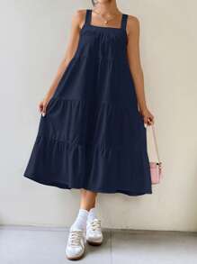 SHEIN EZwear Solid Color Minimalist Daily Long A-Line Sleeveless Slip Dress, Spring/Summer - Navy Blue - View 3