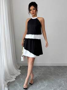 Elenzga 2 件/套标准尺码女式蕾丝挂脖拼接挂脖无袖上衣 + 不对称下摆裙子