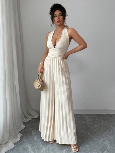 Chiquease Mono con escote de pico y pliegues para mujer