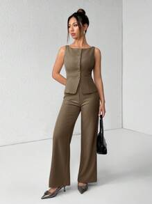 SHEIN PETITE 女款優雅咖啡棕秋季辦公兩件套套裝，純色圓領單排扣背心與長褲套裝，商務休閒通勤西裝，適合嬌小女性 - 棕色 - 查看 6