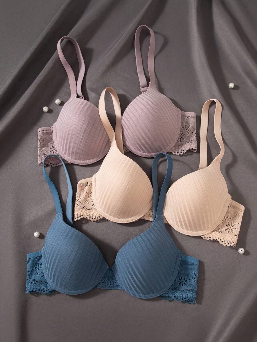 SHEIN 3 件套女士纯色蕾丝花边文胸套装 - 彩色 - 查看 1