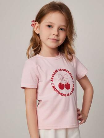 PrepCrw 少女樱桃字母印花短袖 T 恤，校园风格，春夏