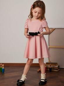PrepCrw Young Girl Pink Striped Crew Neck Short Puff Sleeve A-Line Dress, Spring/Summer - Pink - View 4