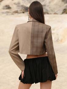 Aveloria Affinna Chaqueta de blazer de manga larga para mujer, estilo vintage lujoso y minimalista de vanguardia, con una combinación de cuadros marrones y unicolor, con hombreras recortadas, de alta gama, del año 2025