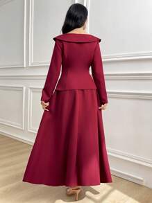 Modelyn Women's 2 Pieces Set: Solid Long Sleeve Top And Skirt - Burgundy - View 3