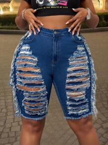 SHEIN SXY 大码破洞磨边牛仔百慕大短裤 - 中等水洗藍 - 查看 2