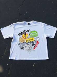 Manfinity VCAY Plus Size Men's Street-Style Loose Graphic White Round Neck Knit T-Shirt, Summer - Multicolor - View 1