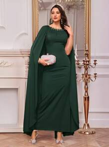 Modelyn Vestido elegante de mujer con parches de unicolor, decoración de perlas falsas y drapeado - Verde Oscuro - Ver 7
