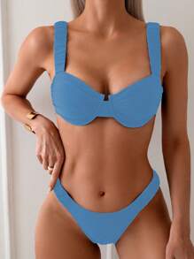 SHEIN Swim 女士纯色褶皱性感比基尼泳装套装，夏季海滩 - 藍色 - 查看 6