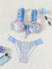 Swim Mod Women Beachwear Summer Outfits For Women, Random Printed Ruched Shoulder Strap Bowknot Padded 2 Pieces Bikini Set, Festival Boho - Multicolor - View 6