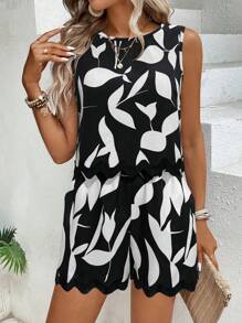 Chiquease Vacation Casual Plant Graphic Strap Patchwork Camisole & Shorts Set - White - View 3