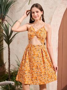 Teen Girl's Floral Print Ruffle Cutout Cami Mini Dress, Holiday Style