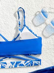 3pcs/Set Tween Girl Tropical Beach Plant Print Cross Bikini Swimsuit Set With Beach Cover Up Sarong - Multicolor - View 4