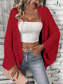 SHEIN LUNE Solid Color Hollow Batwing Sleeve Casual Cardigan, Suitable For Daily Wear In Spring And Autumn Fall Winter Cloth For Women - Red - View 5