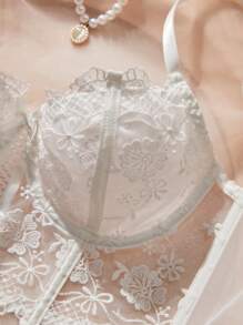 Set de 2 piezas de lencería romántica de estilo largo de color blanco con sujetador y panty para mujer