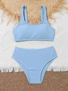 Conjunto de biquíni com gola redonda de cor sólida para meninas adolescentes, roupa de banho para a praia, férias de verão