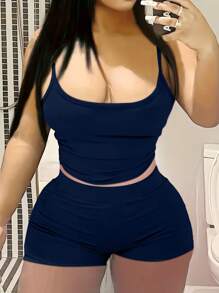 INAWLY 2pcs Plus Size Women Solid Color Slim Fit Cami Top And Shorts Set - Navy Blue - View 3