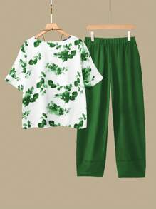 SHEIN 2pcs/Set Plus Size Women Floral Print Shirt & Elastic Waist Asymmetrical Patchwork Pants, Summer - Green - View 2