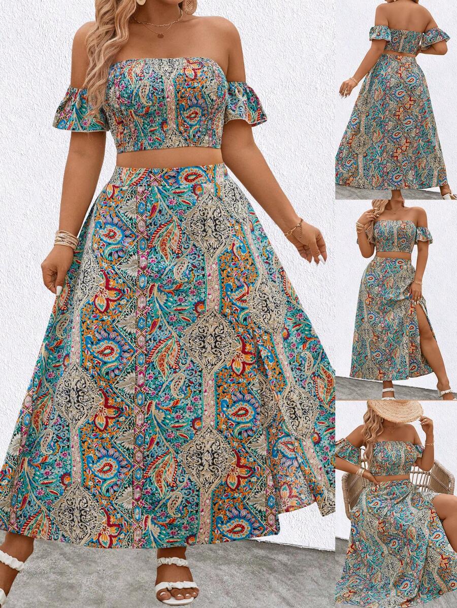 SHEIN Clasi 大码女式休闲度假荷叶边两件套 - 彩色 - 查看 1