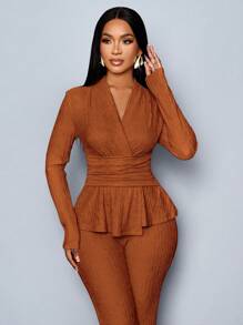 SOLERSUN Women's Apricot Color Elegant V Neck Long Sleeve T-Shirt And Wide Leg Pants Two Pieces Set, Asymmetrical Hem Two Pieces Outfits, Casual Daily Wear, Winter Clothes For Women Fall Cloth For Women - Brown - View 6