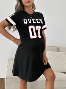 SHEIN Pregnant Women Summer Casual Sports Letter & Number Print Dress