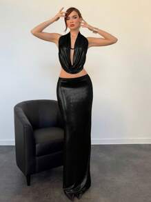 Aloruh Party & Prom Neck Tie Plunge Draped Neck Sexy Backless Tank Top + Low Waist Asymmetric Hem Long Skirt Set