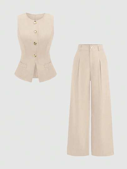 Sweetra Women 2 Pieces Single Breasted Waistcoat And Pleated Wide Leg Pants Suit Set