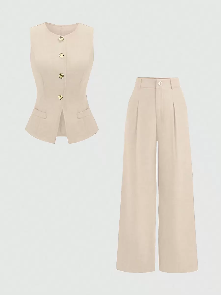 Sweetra Women 2 Pieces Single Breasted Waistcoat And Pleated Wide Leg Pants Suit Set - Khaki - View 1