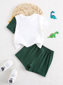 Cozy Pixies 2pcs Baby Boy Cartoon Dinosaur Pattern Knitted Soft Round Neck Short Sleeve Top And Elastic Waist Shorts Set - Multicolor - View 2