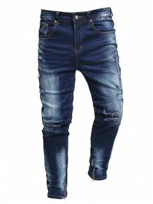 Manfinity LEGND Men's Skinny Fit Denim Jeans, Simple & Fashionable, Suitable For Summer - Dark Wash - View 1