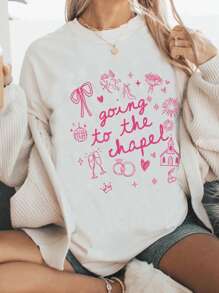 Women's Casual T-Shirt, Pink Letter & Bow Print Loose Round Neck Tee
