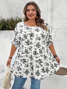 SHEIN CURVE+ Blusa vintage de manga farol con estampado floral diminuto y smock para mujer talla grande, para vacaciones de verano, estilo boho, para mujer, playa - Blanco y Negro - Ver 4
