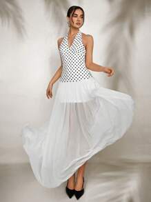 Aloruh Black & White Polka Dot Contrast Color Block Casual Dress, Stylish & Suitable For Summer, Fairycore - Black and White - View 4