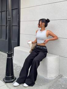 SHEIN EZwear 女士纯色简约时尚休闲西装裤，日常穿着 - 黑色 - 查看 3