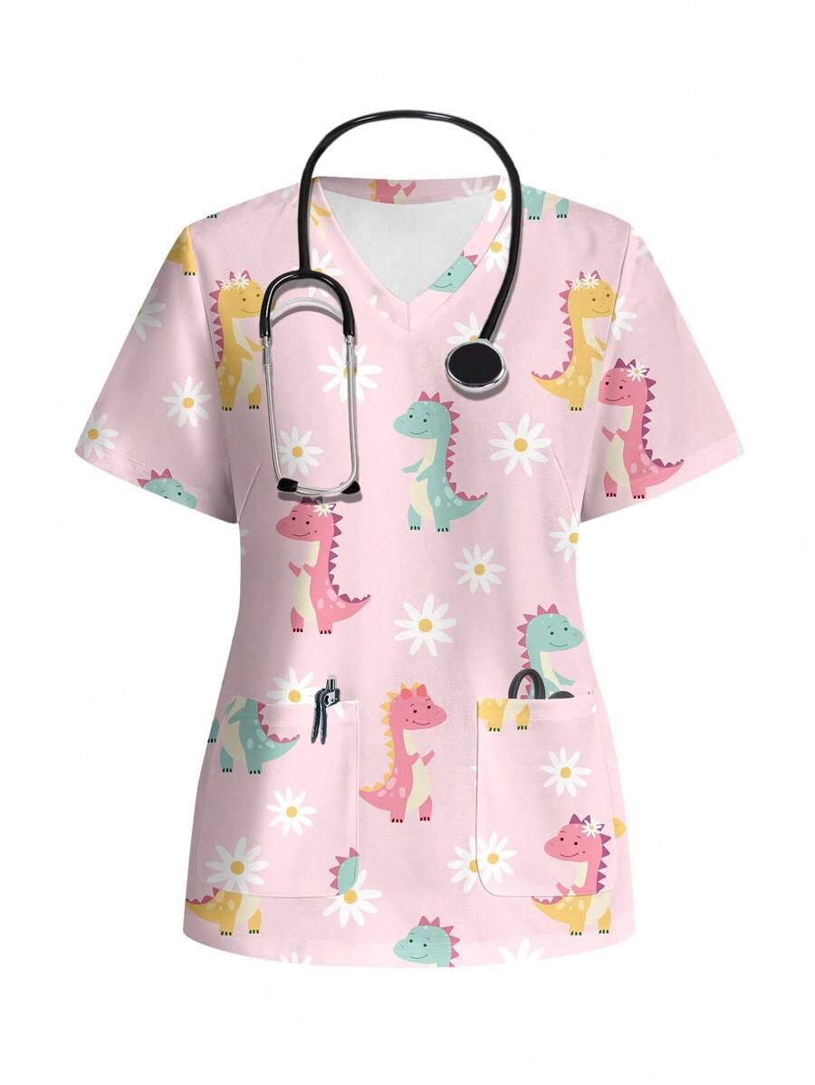 PopScrub Women's Casual Dinosaur & Floral Print /Nurse Scrub Uniform Top, Summer - White - View 1