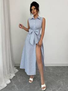 Elenzga Summer Casual Striped Front Button Sleeveless Dress - Blue and White - View 1