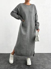RueChic Drop Shoulder Sweater Dress Solid Color - Light Grey - View 5