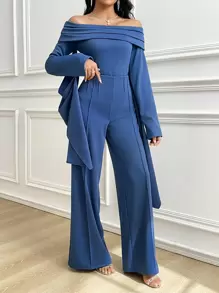Modelyn Conjunto de 2 piezas con top plisado de hombros descubiertos y pantalones de pierna ancha de unicolor elegante para mujer - Azul - Ver 4