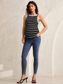 MaterniWear Maternity Casual Striped Fitted Camisole, Suitable For Work/Office - Black - View 5