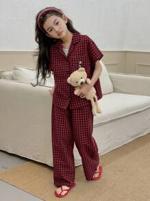DAZY Conjunto de ropa de casa para niña preadolescente con pantalón largo y manga corta con patrón a cuadros y bordado, para primavera/verano
