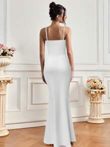 INAWLY Floral Print Slim Fit Long Dress With Spaghetti Straps, Vacation Style - White - View 2