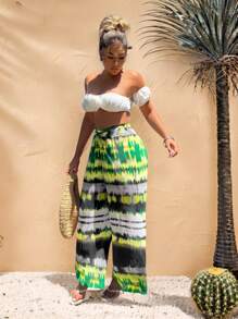 SHEIN SXY Abiti primaverili per donna, elegante look boho tropicale da vacanza, abbigliamento western, pantaloni a vita alta ampi con vita elastica e motivo Tintura a nodi sfumato verde - Multicolore - Visualizzare 10