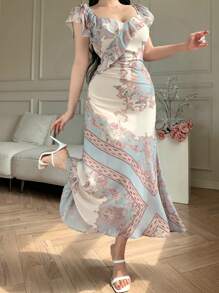 DAZY Abito estivo in chiffon da donna con scollo quadrato, vita, stampa retrò e maniche corte, con volant e decorazione floreale