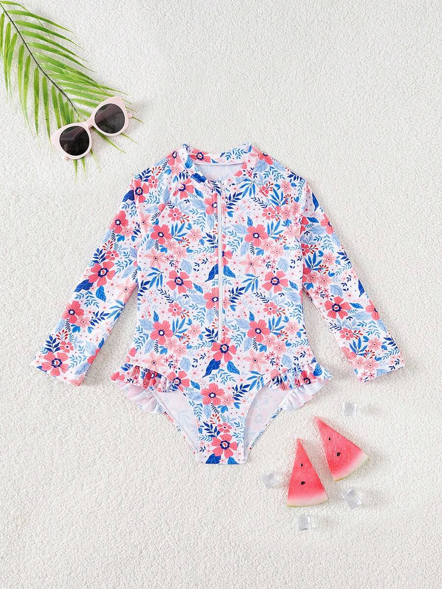 年轻女孩花卉印花连体泳衣，夏季海滩度假 - 彩色 - 查看 1