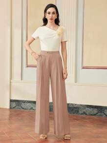 ZEYLAH Women's Plus Size Flare Leg Pants With Metallic Waist Buckle - Pink - View 5